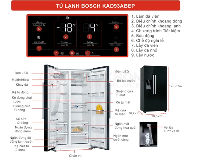 Tủ Lạnh Side-by-Side Bosch KAD93ABEP Seri 6 Màu đen 2/11 Màu Inox, Lấy Nước, Lấy Đá Ngoài